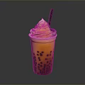 Refreshing Bubble Tea With Tapioca Pearls And Orange Cream Swirl Topped With Black Straw