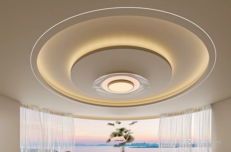 Modern Circular Ceiling Interior With Layered Lighting Details 3d model 