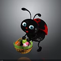 Cute Cartoon Ladybug Standing And Holding Basket With Decorated Easter Eggs Against Gray Background 3d model