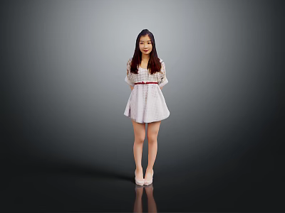 Woman with long hair standing in gray background wearing white dress and high heels 3d model