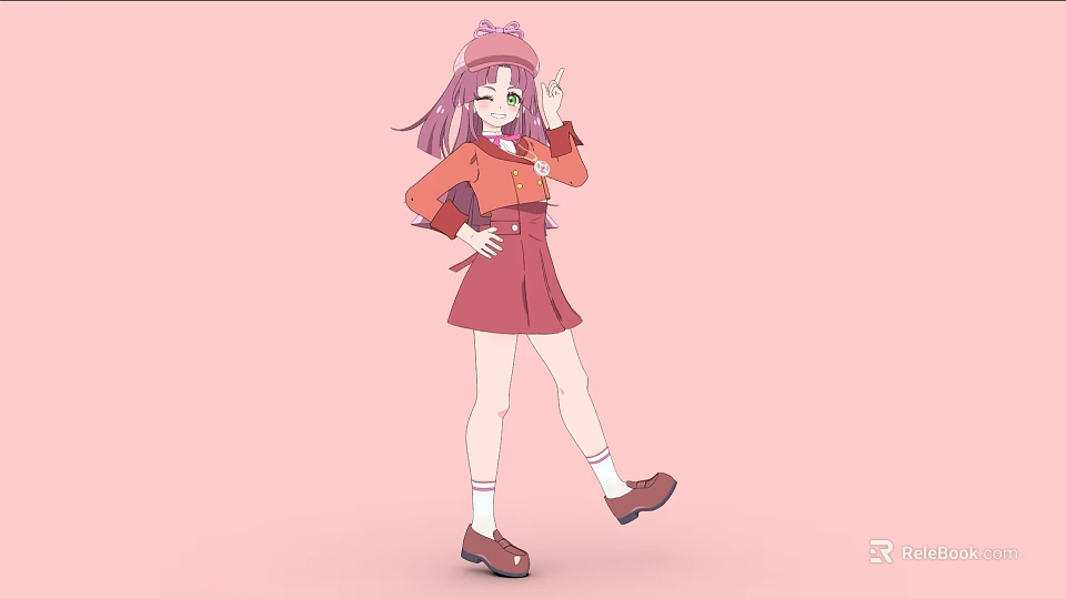 Cartoon Woman With Purple Hair Pink Hat Red Top Skirt Brown Shoes On Pink Background 3d model 