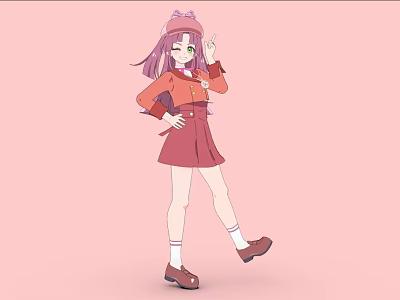 Cartoon Woman With Purple Hair Pink Hat Red Top Skirt Brown Shoes On Pink Background 3d model