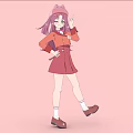 Cartoon Woman With Purple Hair Pink Hat Red Top Skirt Brown Shoes On Pink Background