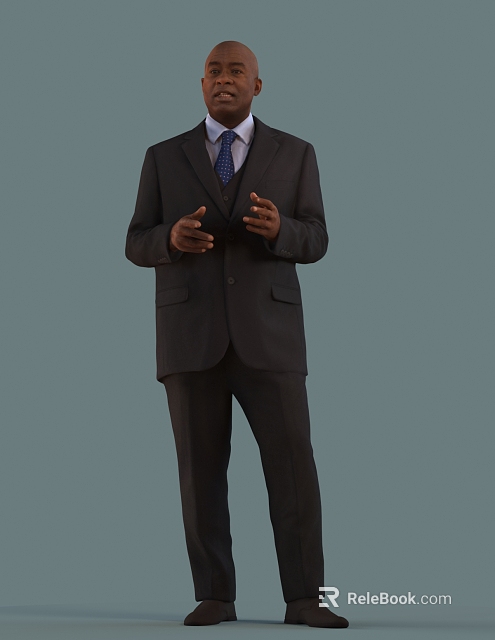 Man In Dark Formal Suit With Tie Making Hand Gestures Against Gray Background 3d model 