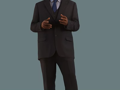 Man In Dark Formal Suit With Tie Making Hand Gestures Against Gray Background 3d model
