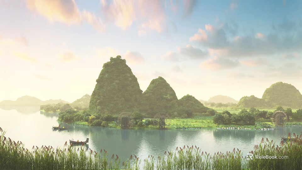Scenic Natural Landscape With Green Mountains Calm Lake Boats Lush Reeds And Sunset Sky 3d model 