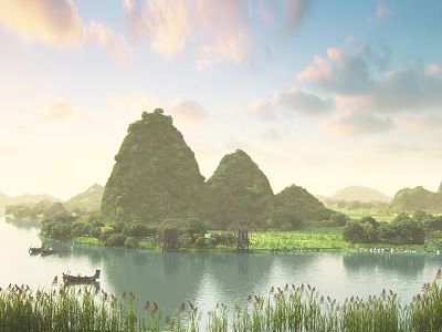 Scenic Natural Landscape With Green Mountains Calm Lake Boats Lush Reeds And Sunset Sky 3d model