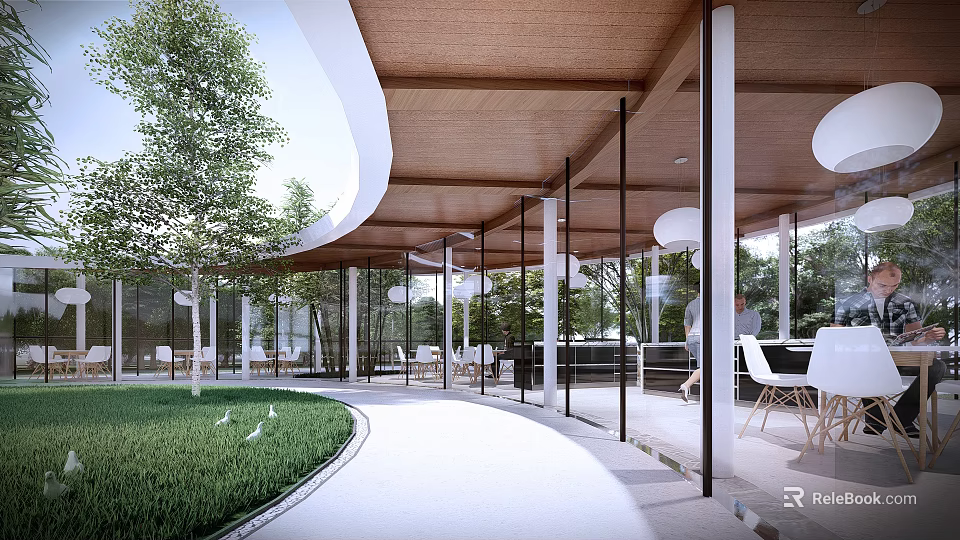 Book Art Modern Gallery Space With Glass Walls Wooden Roof And Courtyard Greenery 3d model 