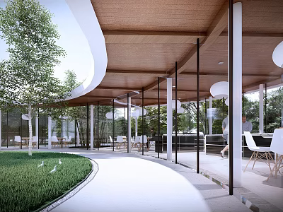 Book Art Modern Gallery Space With Glass Walls Wooden Roof And Courtyard Greenery 3d model