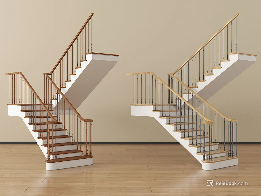 Modern Wooden Staircase Design With White Steps And Metal Railings In Home Interior 3d model 