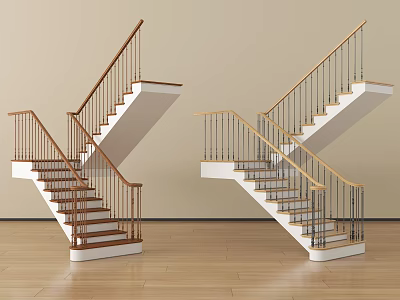 Modern Wooden Staircase Design With White Steps And Metal Railings In Home Interior 3d model