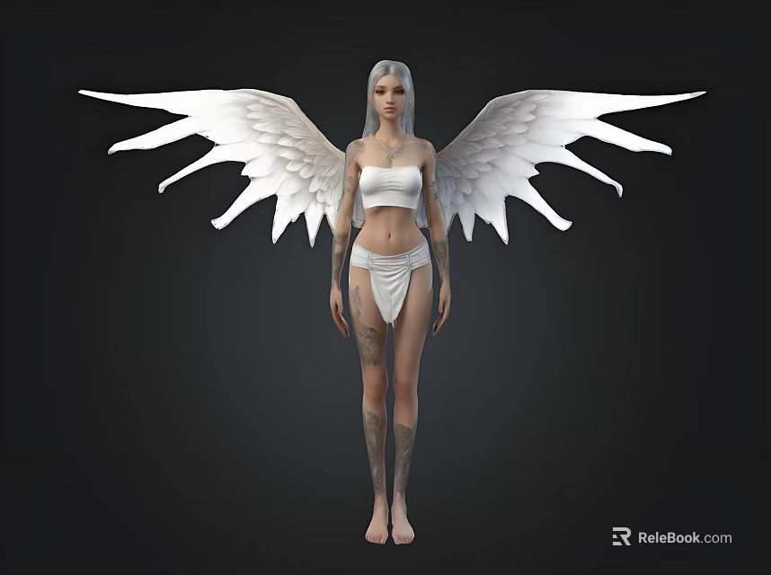 Ethereal Female Figure With Large White Wings Tattoos And White Undergarments Against Black Background 3d model 