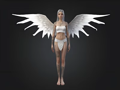 Ethereal Female Figure With Large White Wings Tattoos And White Undergarments Against Black Background 3d model