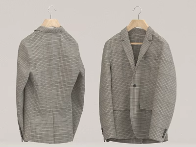 Gray Checkered Suit Jacket Hanging On Wooden Hanger With Front And Back Views 3d model