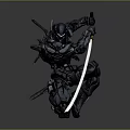 Detailed 3D Warrior Model With Armor Sword And Crouching Battle Pose