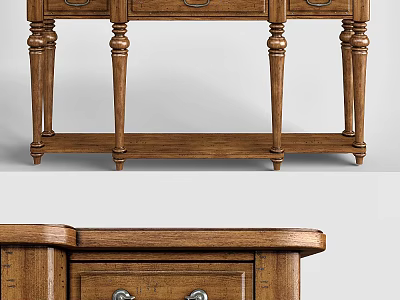 Traditional Solid Wood Entertainment Table With Storage Drawers And Carved Legs 3d model