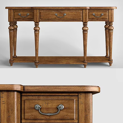 Traditional Solid Wood Entertainment Table With Storage Drawers And Carved Legs 3d model