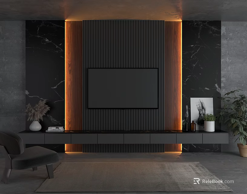 Modern TV Stand With Black Marble Wall Wooden Panel LED Lighting And Decorative Items 3d model 
