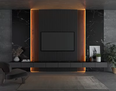 Modern TV Stand With Black Marble Wall Wooden Panel LED Lighting And Decorative Items 3d model