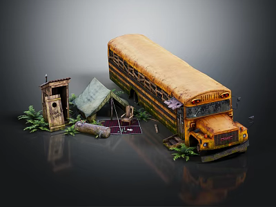 Old Yellow School Bus With Camping Tent Wooden Shed And Green Plants 3d model
