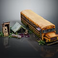Old Yellow School Bus With Camping Tent Wooden Shed And Green Plants