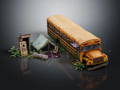 Old Yellow School Bus With Camping Tent Wooden Shed And Green Plants 3d model