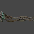 Intricate Twisted Weapon Featuring Central Teal Gem And Forged Metal Structure