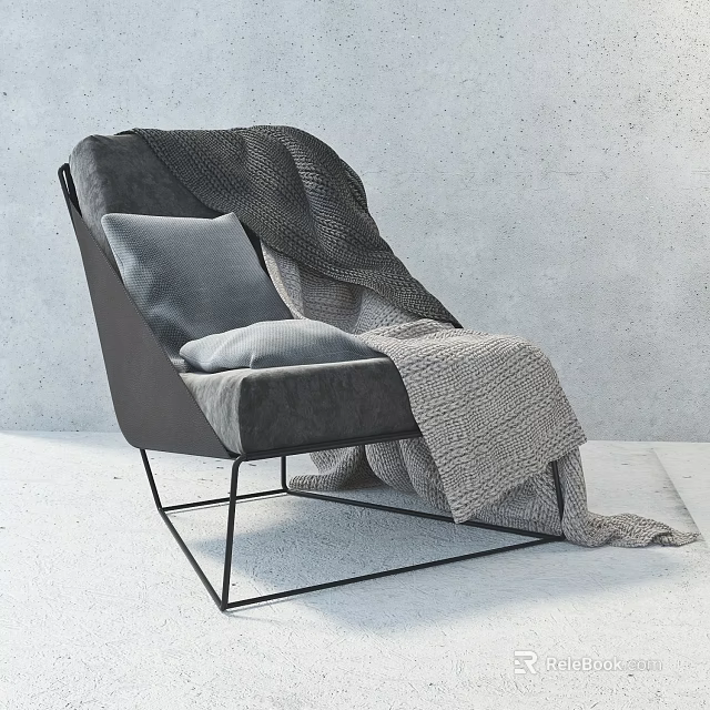 Modern Single Sofa With Gray Cushion And Knitted Blanket On Black Metal Legs 3d model 