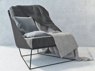 Modern Single Sofa With Gray Cushion And Knitted Blanket On Black Metal Legs 3d model
