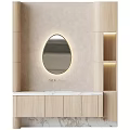 Minimalist Bathroom Vanity With Oval Backlit Mirror Light Wood Cabinets And Marble Countertop