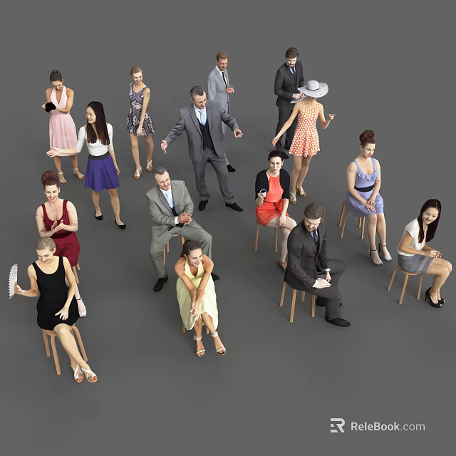 Group of People Standing and Sitting in Various Outfits at Social Gathering 3d model 