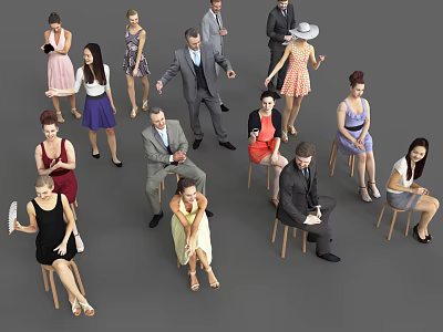 Group of People Standing and Sitting in Various Outfits at Social Gathering 3d model