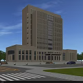 Modern Office Building with Glass Curtain Wall Exterior and Landscaped Area in Urban Setting
