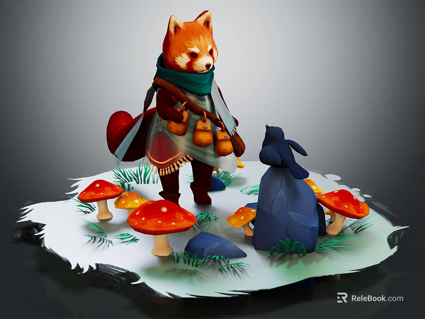Red Fox Wearing Scarf Standing with Black Rabbit on Snowy Ground with Red Mushrooms and Grass 3d model 