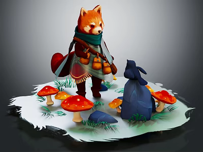 Red Fox Wearing Scarf Standing with Black Rabbit on Snowy Ground with Red Mushrooms and Grass 3d model