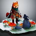Red Fox Wearing Scarf Standing with Black Rabbit on Snowy Ground with Red Mushrooms and Grass