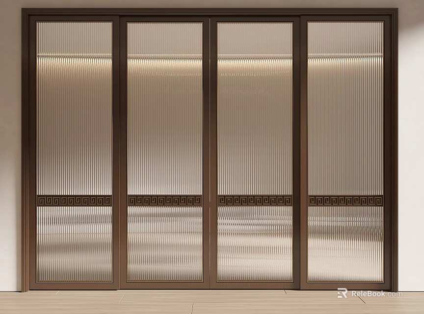 Modern Interior Sliding Doors with Dark Wooden Frame and Vertical Striped Glass Panels 3d model 