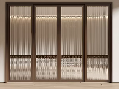 Modern Interior Sliding Doors with Dark Wooden Frame and Vertical Striped Glass Panels 3d model