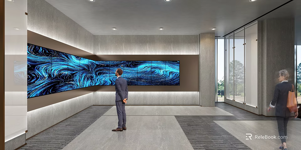 Modern Exhibition Hall Featuring Large Blue Wavy Screen Person Standing Gray Walls and Large Windows 3d model 