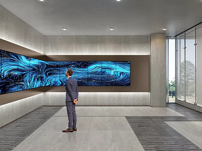 Modern Exhibition Hall Featuring Large Blue Wavy Screen Person Standing Gray Walls and Large Windows 3d model