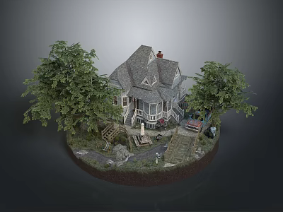 Detailed Miniature House Model With Trees Pathway Porch And Decorative Steps 3d model