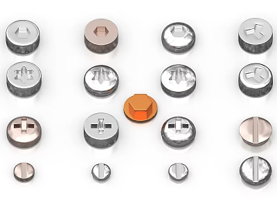 Various Metal Screw Heads With Different Types And Colors Including Hexagon Phillips Flathead 3d model