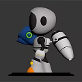 3D Robot Character Holding Blue Object On Silver Platform Base 3d model