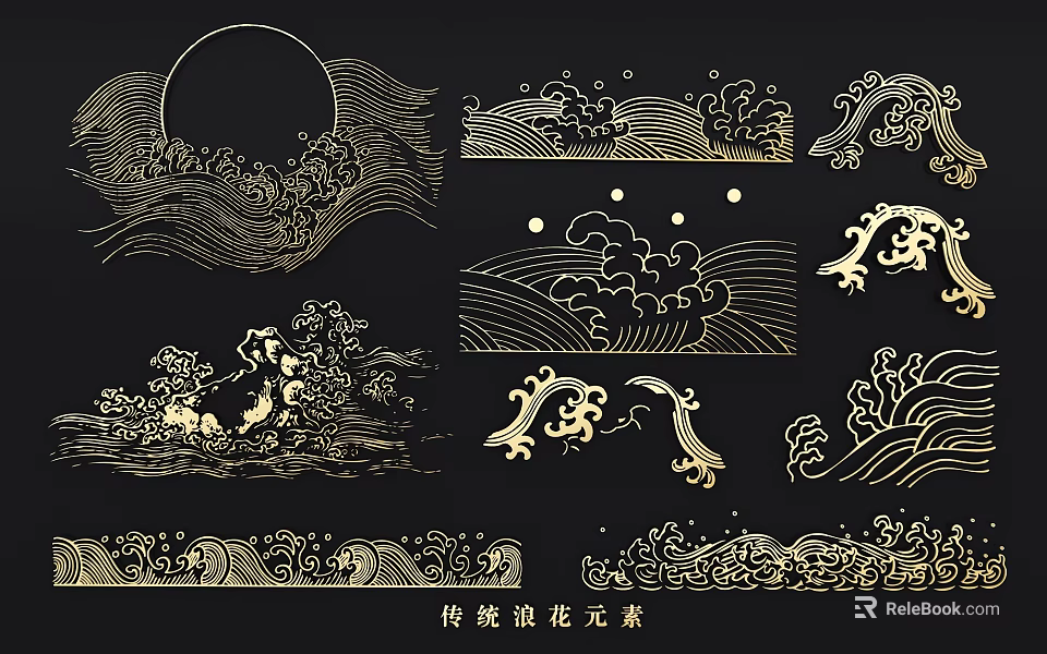 Traditional Wave Pattern Decorative Ornaments with Gold Line Art Design for Home Decoration 3d model 