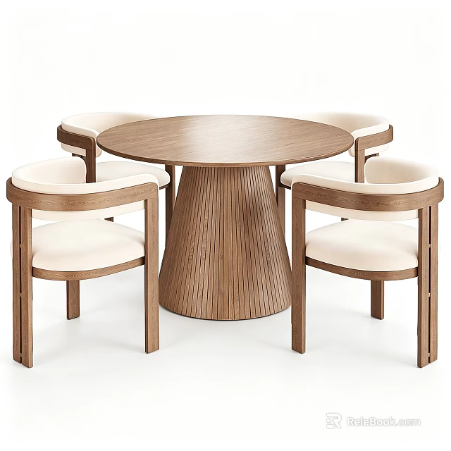 Modern Solid Wood Round Dining Table Set With Cream Upholstered Chairs For Cozy Home Dining Space 3d model 