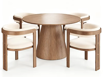 Modern Solid Wood Round Dining Table Set With Cream Upholstered Chairs For Cozy Home Dining Space 3d model