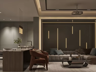 Modern Home Theater Room With Cozy Sofa Accent Lighting And Decorative Wall 3d model
