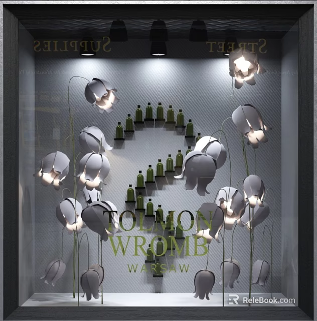 Creative Window Display Featuring Spiral Green Bottles And White Flower Decorations With Lighting 3d model