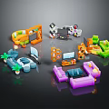 Colorful Furniture Models With Sofa TV Bookshelf Coffee Table And Decorative Plants