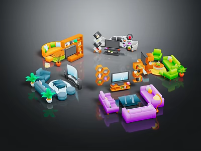 Colorful Furniture Models With Sofa TV Bookshelf Coffee Table And Decorative Plants 3d model